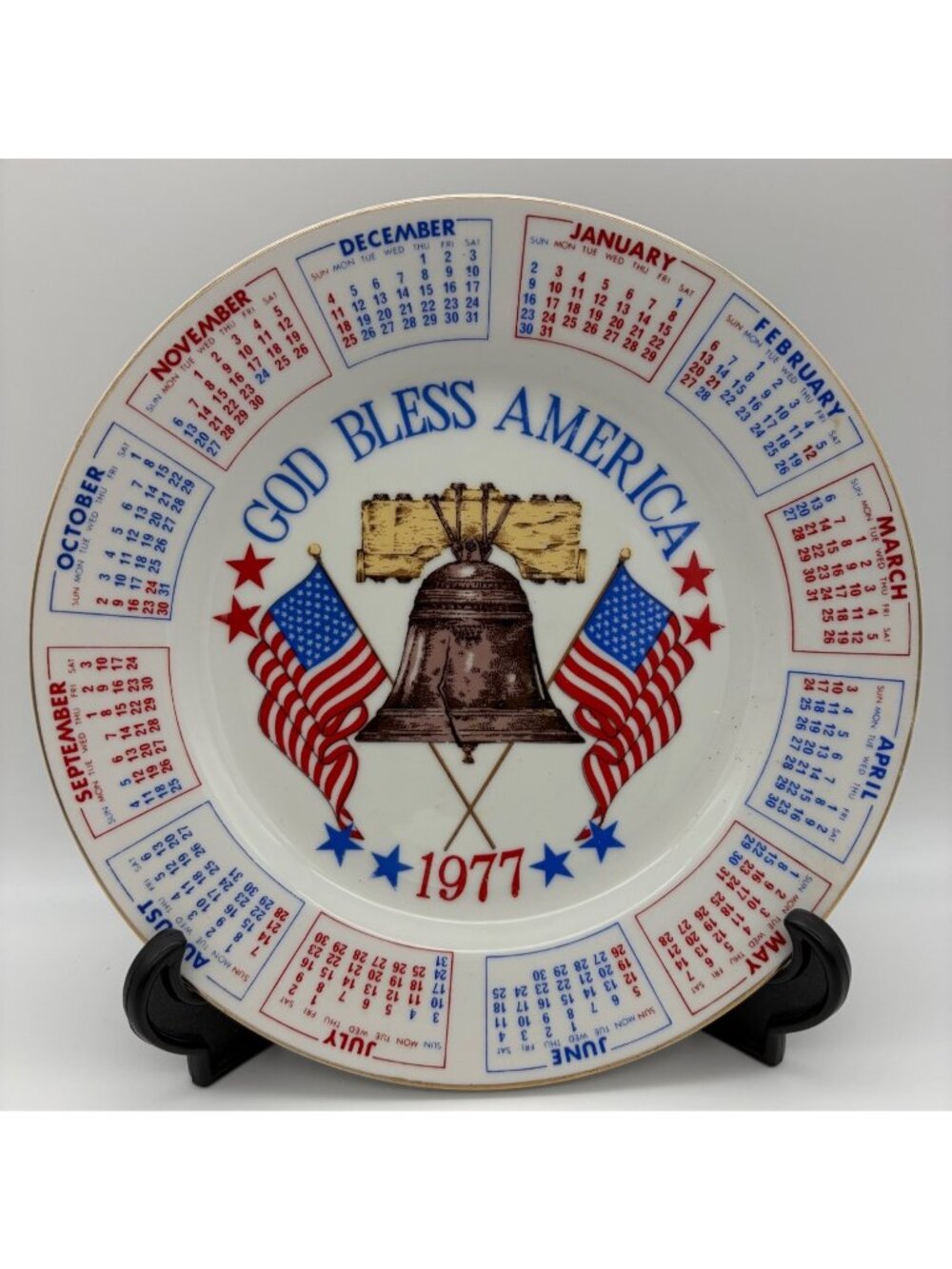 1977 God Bless America Calendar Plate Spencer Gifts Series II 9" Patriotic